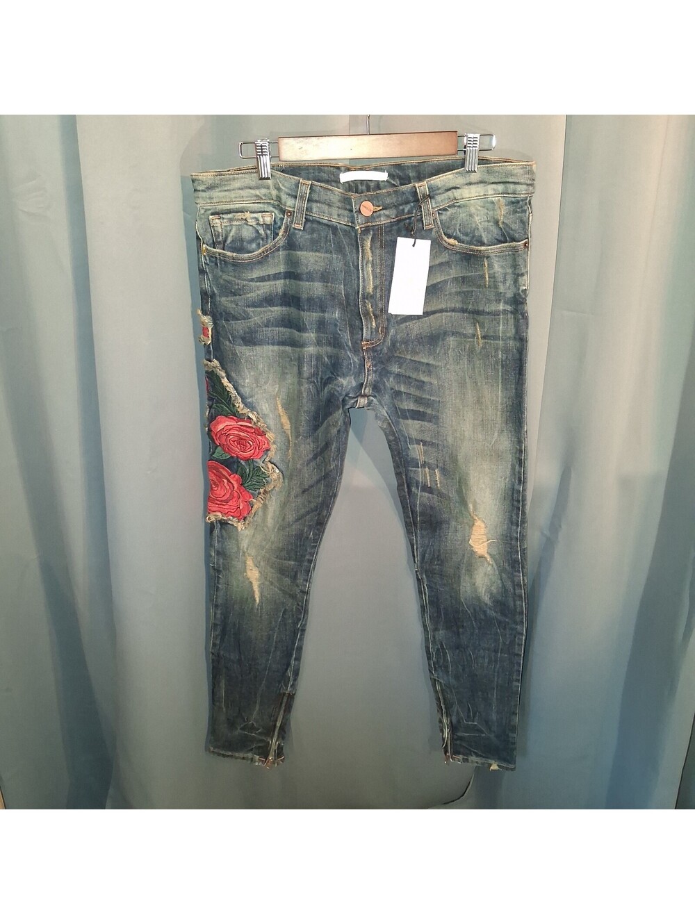 Golden Distressed Blue Denim Jeans with Red Rose Embroidery, Size 36 Waist